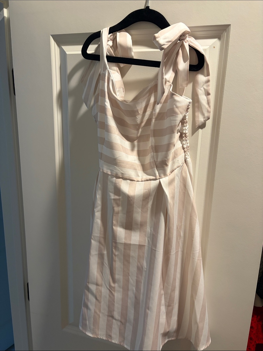 Tie-Shoulder Striped Midi Dress in Light Blush